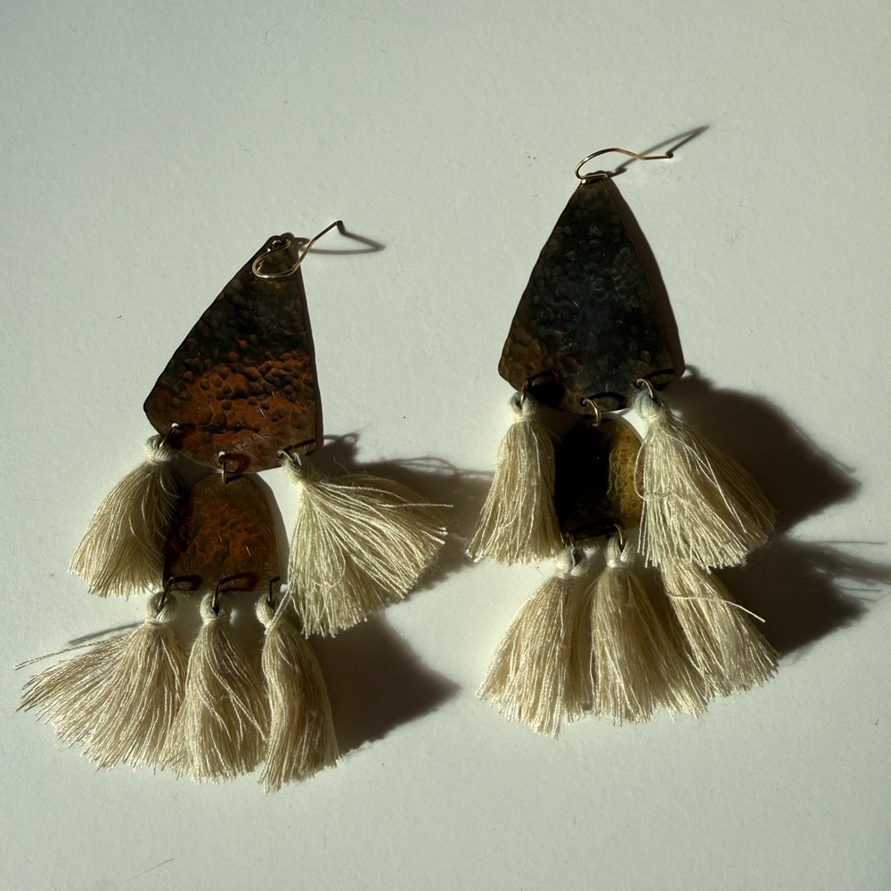 Boho Gold and Cream Tassel Earrings - Picture 3 of 4